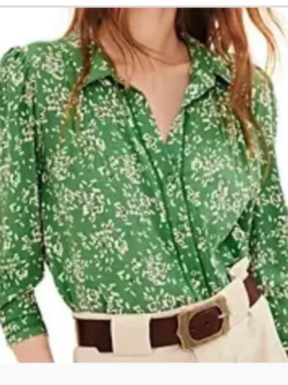 ba&sh L green-white floral shabby chic long sleeve button down cottagecore top
